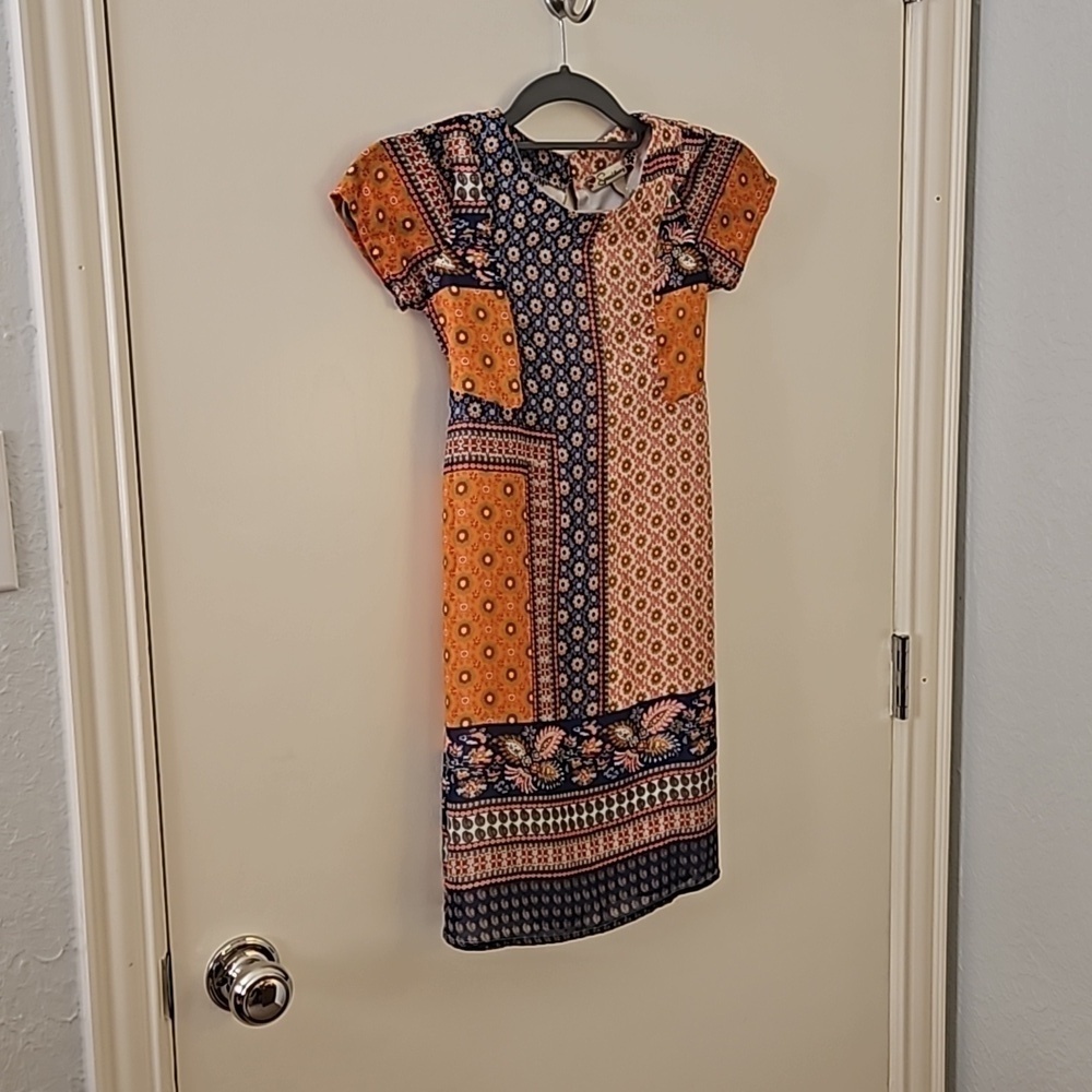 SPEECHLESS Orange Mixed Print Patchwork Tie Back Short Sleeve Dress - Picture 6 of 10